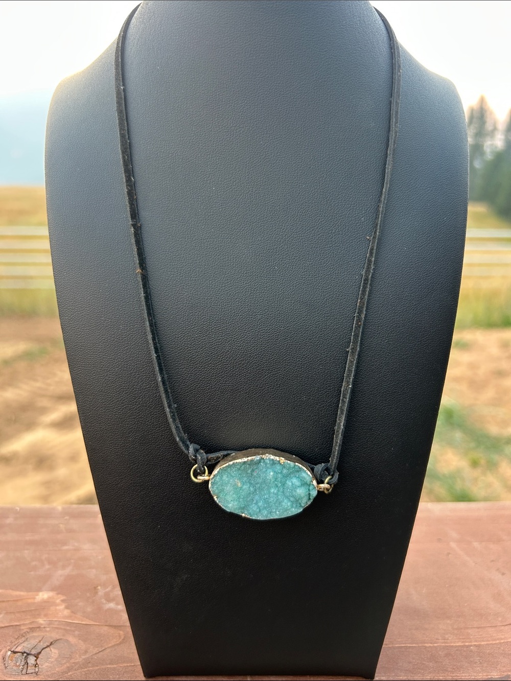 Raw Amazonite Druzy Gold Electroplated Free Form Oval on Suede